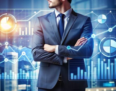 Businessman in front of a city skyline with charts and graphs.